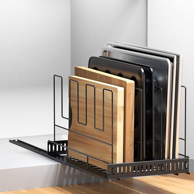 Housolution Pull Out Large Baking Tray and Cookie Sheet Organizer, 20" Deep Cutting Board Organizer with 4 Adjustable Dividers, 12" Wide Bakeware Muffin Pan Storage Rack for Cabinet