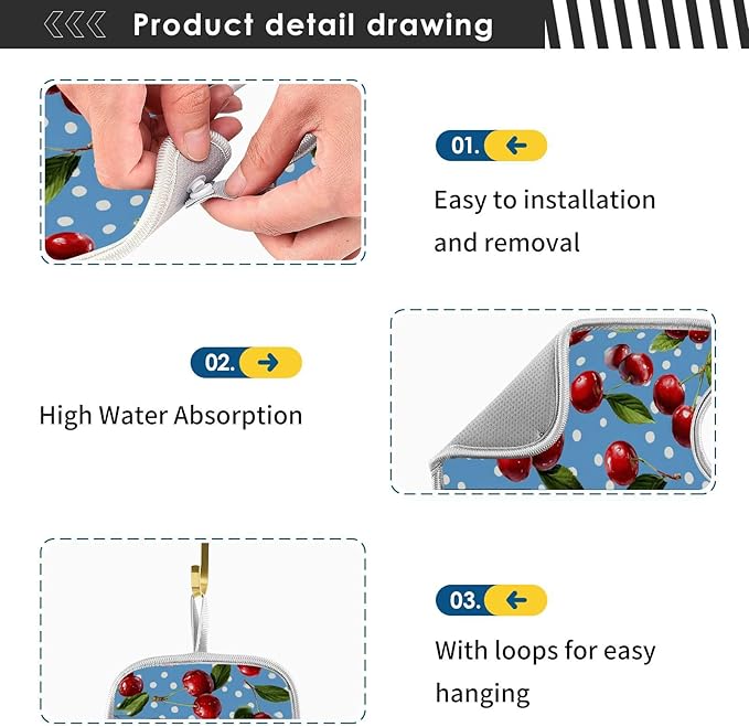 2 PCS Kitchen Sink Splash Guard 14.9 Inch Faucet Mat for Kitchen Sink Bathroom Sink Faucet Absorbing Drip Drain Mat Pad Microfiber Soft Washable Green Blue Cherry and Polka Dots