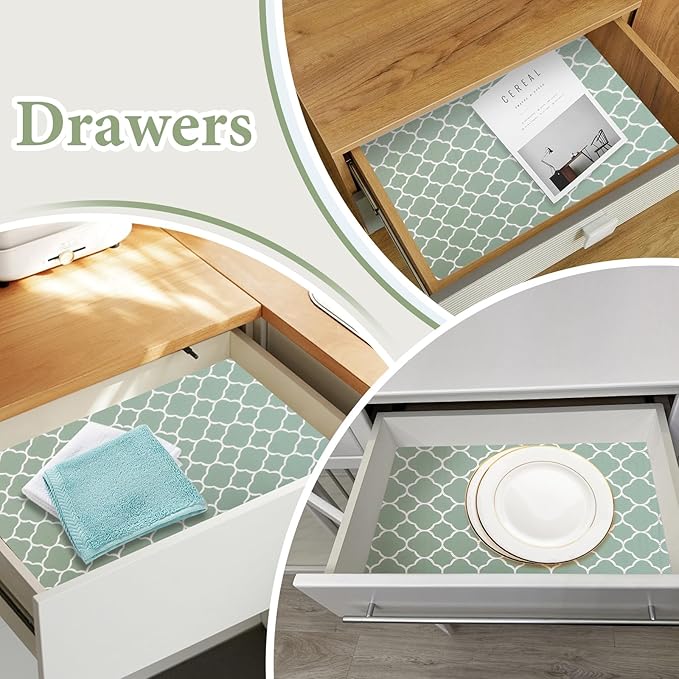 Shelf Liners for Kitchen Cabinets Non Adhesive Drawer Liner 17.5in x 30FT Light Green Quatrefoil Thickened Shelf Liner Strong Non-Slip Easy to Clean Tool Box Refrigerator with Knife and Tape Measure
