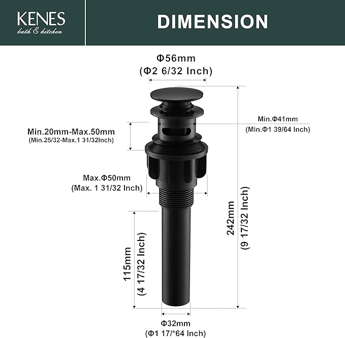 KENES Pop Up Bathroom Sink Drain with Overflow, Matte Black Pop Up Drain Stopper Anti Clog Pop Up Drain Stopper Lavatory Bathroom Vanity Sink Drain