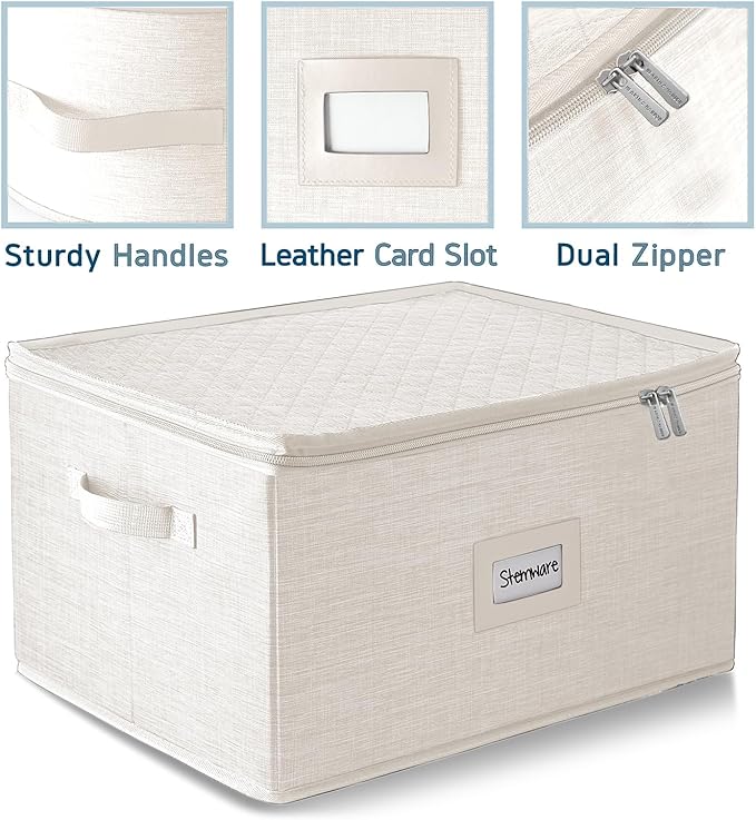 Hearth & Harbor Wine Glass Storage Box with Dividers, Quilted and Stackable Stemware Storage Cases, Service of 12 Glass China Container Hard Shell for Moving and Organization, Cream