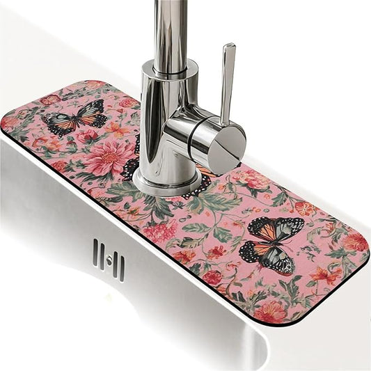 Kitchen Sink Splash Guard，Pink butterfly flower Faucet Mat Sink Gadgets-Super Absorbent Fast Drying Mat Drip Catcher for Kitchen, Bathroom,Sink Mat, Dish Drying Mat, Bathroom(15" X 5.5" )