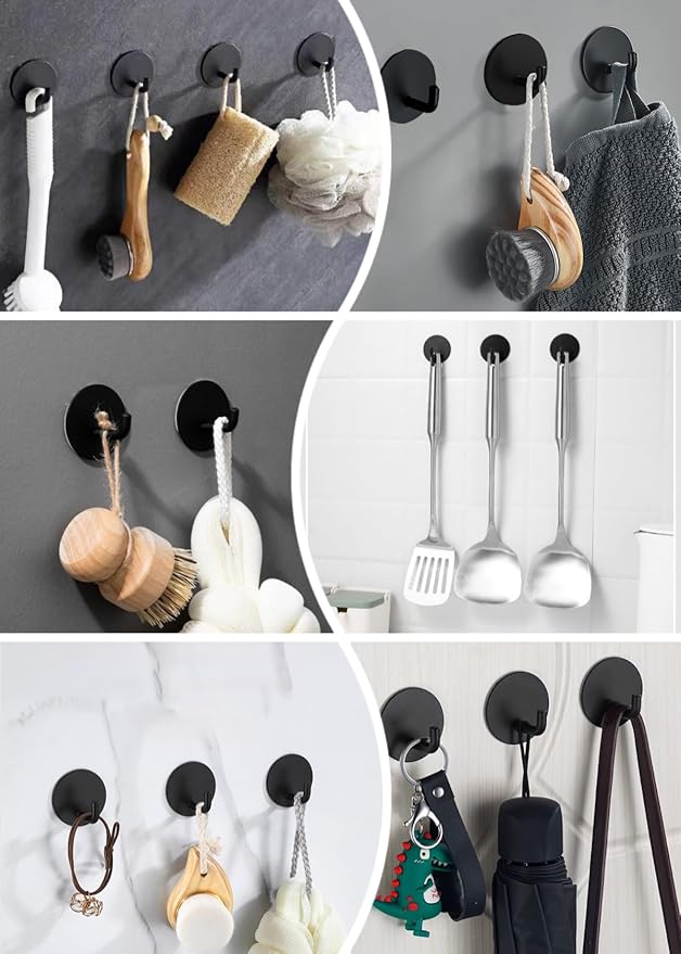 EDMILE 8 Pack Adhesive Towel Hooks for Bathroom, Stick on Hooks Bathroom Kitchen for Walls No Damage, Sticky Hook for Hanging Coat Robe, Black