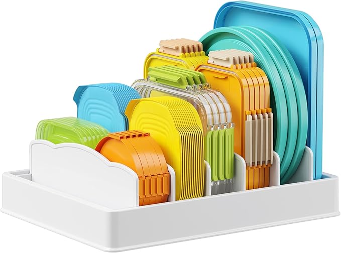 Lifewit Plastic Adjustable Lid Organizers Inside Cabinet, Lid Holder with 6 Dividers & 7 Sections for Kitchen Organization and Storage, Plate, Bowl Organizer for Tall Drawer and Pantry, 13" x 10"