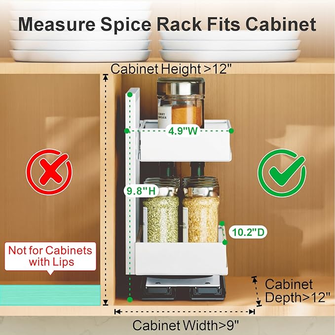 iSPECLE Spice Racks for Inside Cabinet - 1 Pack Rotate Pull Out Spice Rack Easy Access No More Digging, Height Adjustable for 16-20 Spice Jars, Peel and Stick for Over 9" Wide Small Kitchen Cabinet