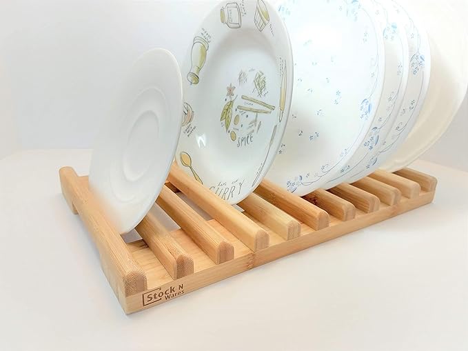 Bamboo Dish Rack, Regular(0.8" Holder Width 10 Slots), Stylish Low Profile Plate Stand, Dish Drying Rack, Cabinet Plate Stand, 15.56" Lx10 Wx1.38 H (39.53cmx25.40cmx3.49cm)