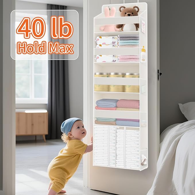 1 PC Over the Door Diaper Organizer with 1 Large Capacity Caddy, 4 Shelf & 10 Mesh Side Pockets, Baby Stuff Hanging Caddy Storage and Newborn Essentials Closet Organizer for Nursery, Bedroom