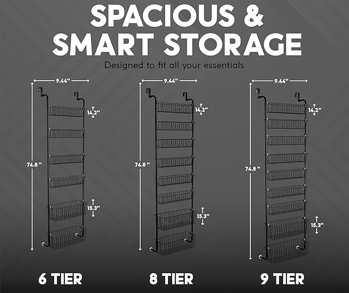 Over Door Organizer Storage - 9 Tier White Metal Over The Door Pantry Organizer Heavy Duty Hanging Storage Rack, Behind Cabinet Shelves for Home, Kitchen, Bathroom, Closet, Pantry