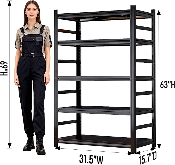Adjustable Heavy Duty Metal Garage Shelving Unit with Fence, 5-Tier Storage Rack for Garage, Basement, or Warehouse, Durable Steel Shelves for Tools & Equipment, 63" H x 32" W x 16" D, Black