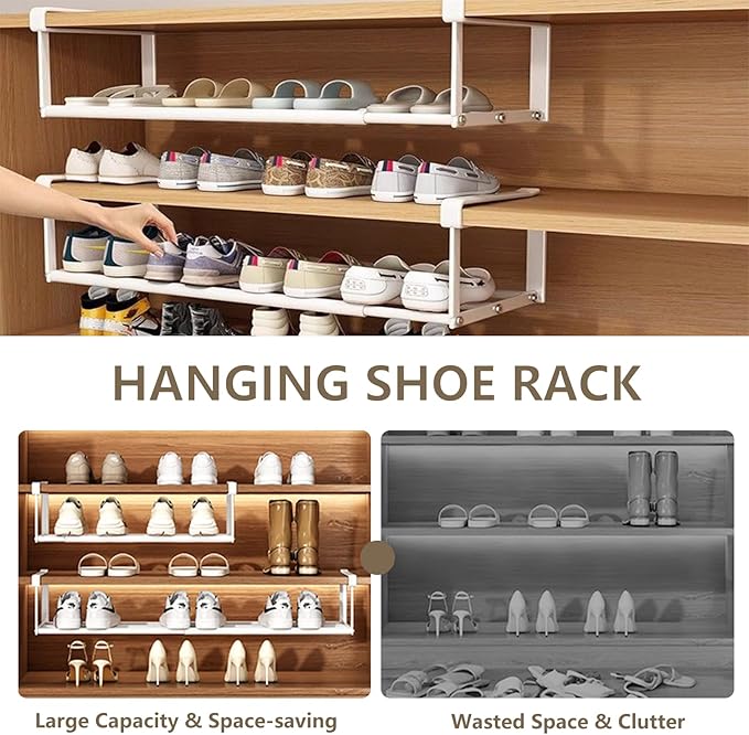 UFORU Expandable Hanging Shoe Rack Organizer for Closet, Adjustable Shoe Rack Under Cabinet Shelf, Versatile Under Shelf Storage for Kitchen, Book, Clothing Storage and Organization(Black,4PCS)