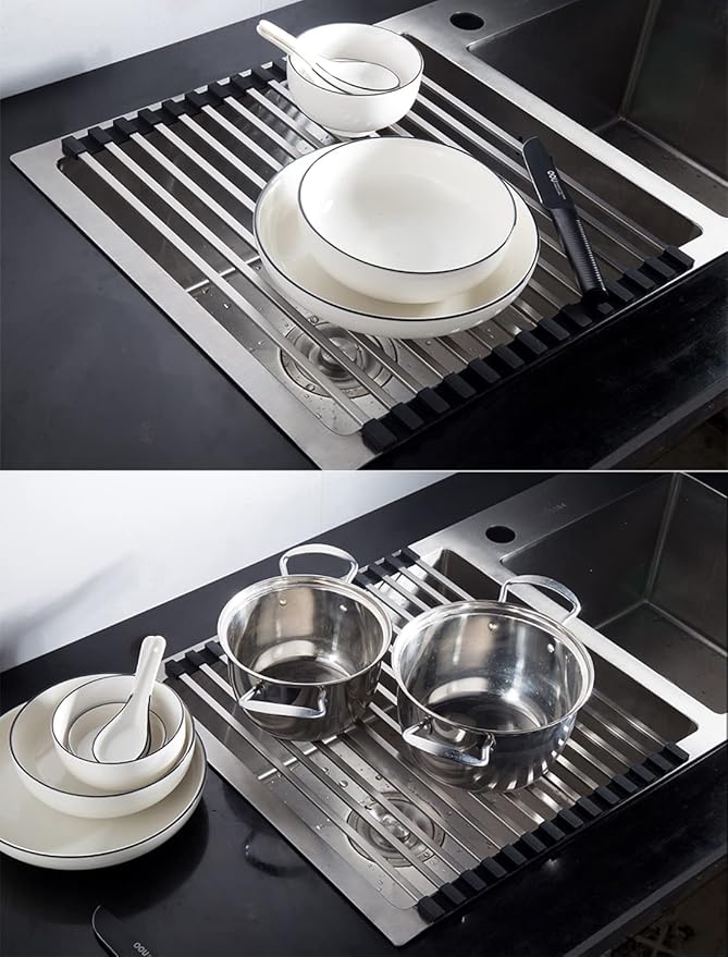 Ahyuan Roll up Dish Drying Rack Over the Sink Dish Drying Rack Square Tubes Dish Rack Over Sink Dish Racks for Kitchen Counter RV Camper Accessories for Travel Trailers (Black, 17.8''Wx13.4''L)