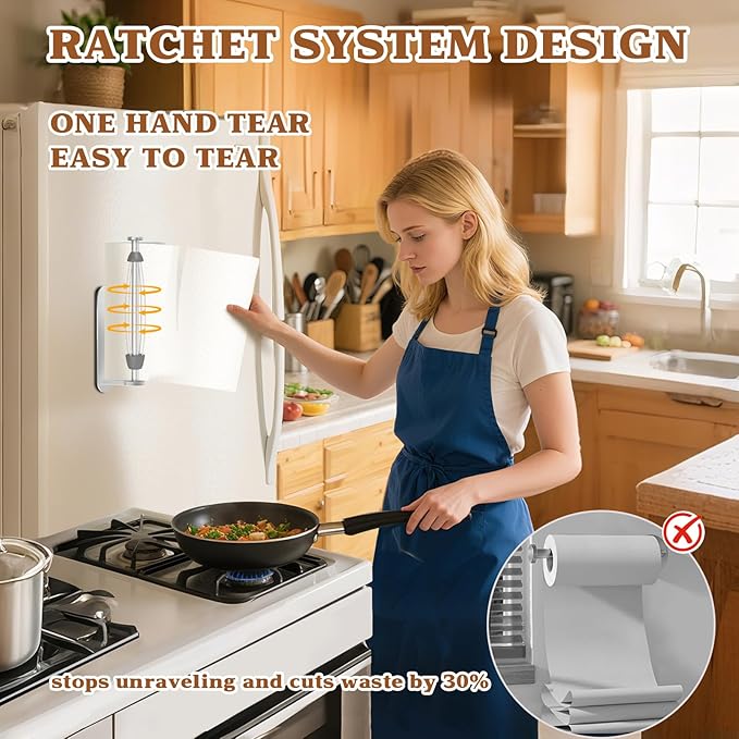 Magnetic Paper Towel Holder for Fridge - No Drill, One Hand Tear with Ratchet Mechanism, Silver, Self-Adhesive & Wall Mount for Kitchen, RV, Garage