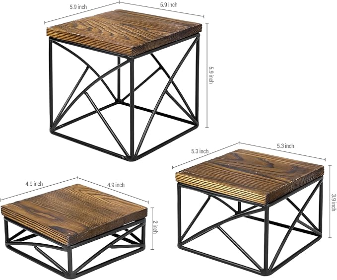 MyGift Modern Tabletop Square Dessert Stand Risers, Cake and Appetizer Display Nesting Pedestals with Rustic Brown Wood Top Shelf and Metal Wire Base, Set of 3