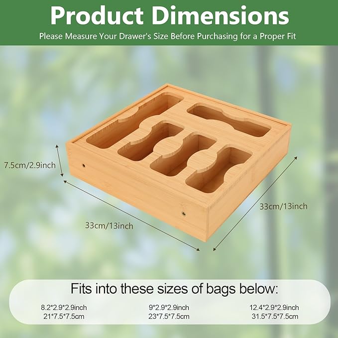 Comfoyar 5 In 1 Bamboo Storage Bag Organizer with Slider for Kitchen, Baggie Storage Organizer for Drawer or Wall Mount, Compatible with Gallon, Quart Sandwich Snack Size Bags, Variety Plastic Baggies