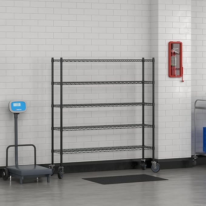Commercial NSF Listed Black Epoxy Mobile Wire Shelving Kit 12" x 54" x 60", with 5 Shelves Perfect for Warehouse, Walk-in Refrigerator, Freezer, Grocery Store, Restaurant, Dishroom