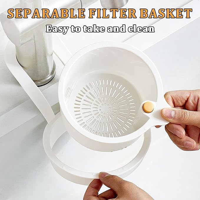 Sink Strainer Basket with One-Touch Drain Mesh, Snap-On Strap & Detachable Design – Kitchen Sink Food Scrap Filtering Storage Organizer (White)