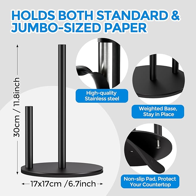 zaa Paper Towel Holder Countertop - Free Standing Paper Towel Holder for Kitchen Organization, Easy to Carry Paper Roll Dispenser, No Drill Installation, for Kitchen, Bathroom, Office, RV, Black