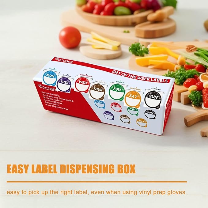 POCOSER Label Stickers for Food Containers with Dispenser Box, Removable Day Dot Food Labels Peel Tab 7 Day of The Week for Home Freezer Restaurant Supplies Week Monthly Planners Meal Prep Accessory