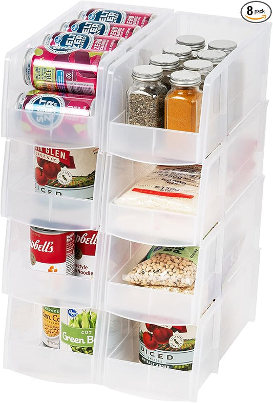 IRIS USA Plastic Stackable Clear Storage Bins, Open Front Fridge Pantry Kitchen Closet Cabinet Organizer Caddy Basket for Organizing Snack, Food, Cans, and Bathroom Essentials - Large 8 Pack