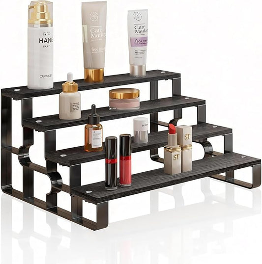 4 Tier Perfume Organizer for Men, Cologne Organizer Stand,Display Shelf Stands for Dresser,Wooden Shelf Display Risers for Party,Makeup,Figures,Cupcake,Dessert (Black, 4 Tiers-Width=14")