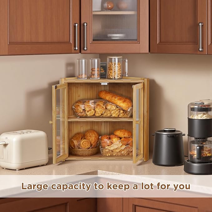 BAMBANG Corner Bread Box for Kitchen Countertop, Double Layer Bamboo Bread Storage Container with 2 Doors, Farmhouse Large Bread Bin Counter Top, Wooden Breadbox Holder for Homemade Bread, Natural