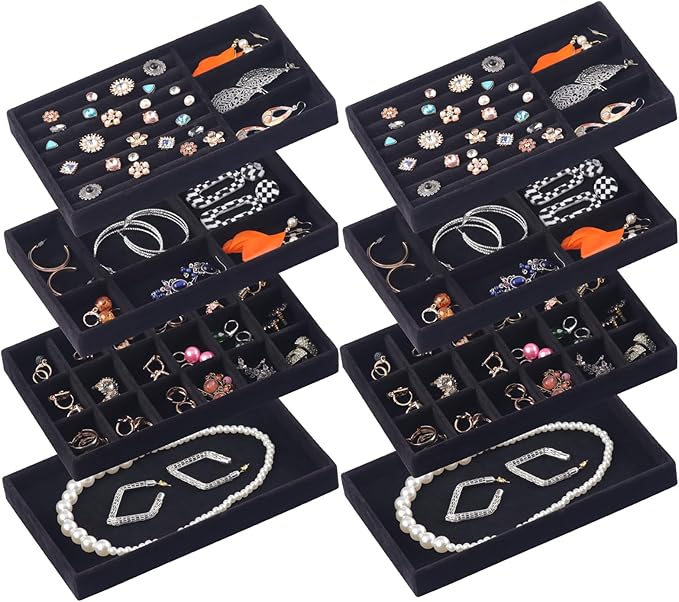 Jewelry Organizer Tray,Stackable Velvet Jewelry Trays,Set of 8 Drawer Inserts Earring Organizer For Women Girls Jewelry Storage Display Case for Rings Stud Necklaces (Black)