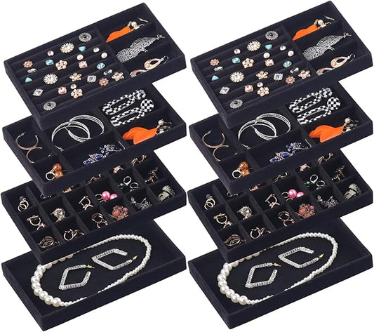 Jewelry Organizer Tray,Stackable Velvet Jewelry Trays,Set of 8 Drawer Inserts Earring Organizer For Women Girls Jewelry Storage Display Case for Rings Stud Necklaces (Black)