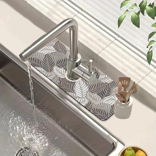 Embossed Leaf Texture Sink Splash Guard Grey Leaf Faucet Absorbing Mat Fast Drying Mat Sink Gadgets Splash Guard Behind Faucet Drip Catcher for Kitchen Bathroom, 15.5"x5.5"