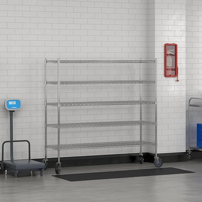 Commercial NSF Listed Chrome Mobile Wire Shelving Kit 18" x 60" x 60", with 5 Shelves Perfect for Warehouse, Walk-in Refrigerator, Freezer, Grocery Store, Restaurant, Dishroom