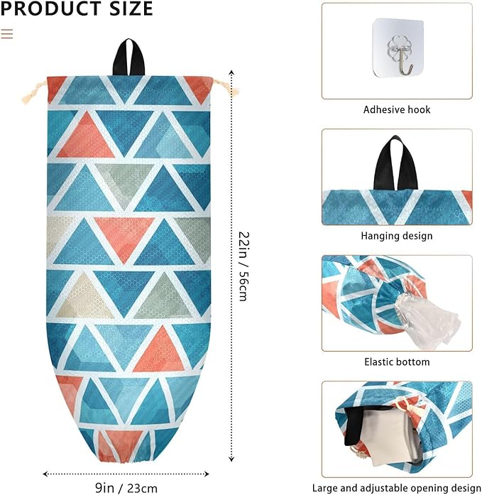 Plastic Bag Holder Wall Mount Grocery Bag Shopping Bag Storage Holder Organizer Dispenser with Adhesive Hook,for Kitchen Bathroom Home Decor 9x22inches Colored Triangles