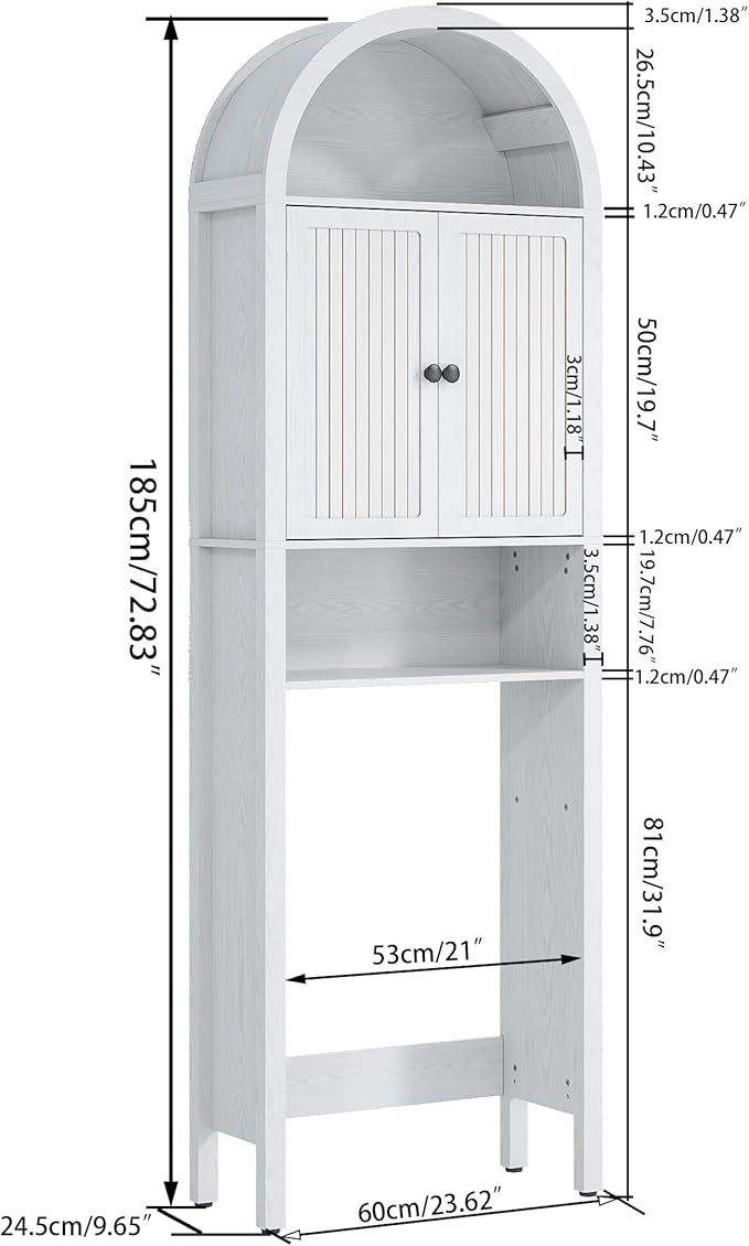 White Over The Toilet Storage Cabinet with Fluted Doors, 4 Tier Small Bathroom Shelf Organizer, Arched Bathroom Cabinet with Adjustable Shelf, Slim Narrow Toilet Rack, Wood, Anti-Tipping Device