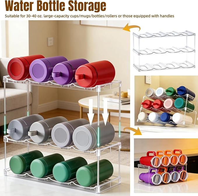 Water Bottle Organizer for Stanley 40 OZ Tumbler Cup Accessories, Clear Stackable Bottle Holder Wine Rack for Cabinet Countertop Kitchen Home Pantry Shelf Storage, 2 Tier Hold 8 Bottles