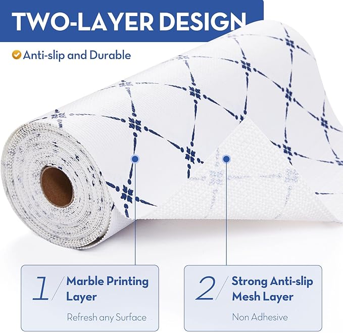 Aohoofull Drawer Shelf and Cabinet Liner, Thick Strong Grip,Shelf Liners Non-Adhesive Liners Protect Kitchen Cabinets and Cupboard, Bathroom Drawers,Under Sink Mat, 23.6IN X 20FT, Blue Stripe