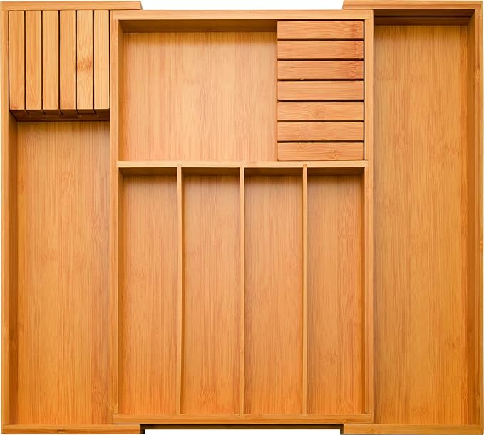Expandable Drawer Organizer with Knife Block - Bambusi Bamboo Kitchen Utensil & Silverware Organizer, Adjustable Cutlery Tray Divider for Flatware, 7 Compartment Large Drawer Organizer