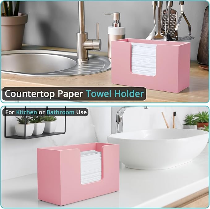 Paper Towel Dispenser Countertop, Wooden Bathroom Paper Towel Holder, Pink Napkin Holder for Kitchen, Countertop Multifold C-Fold, Z-Fold, Trifold Paper Hand Towel Dispenser for Bathroom Toilet