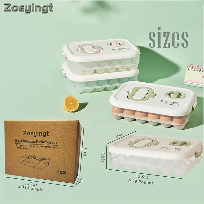 Zoeyingt Egg Organizers for Refrigerator with Lids and Handle Home Kitchen Essentials Fridge Stackable Countertop Portable Clear Egg Containers Reusable and Storage for Keep Fresh -Pack of 2-