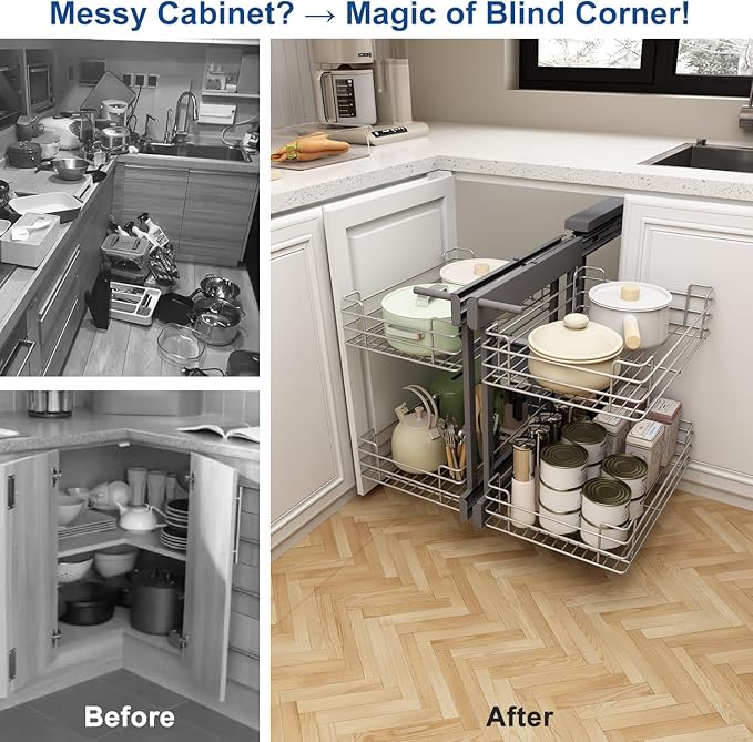 VADANIA Blind Corner Pull Out Organizer for 32" Cabinet, Left Open & Right Open Compatible, Min Opening 14", 2-tier Pull-out Basket, Soft Close, Bottom Mount