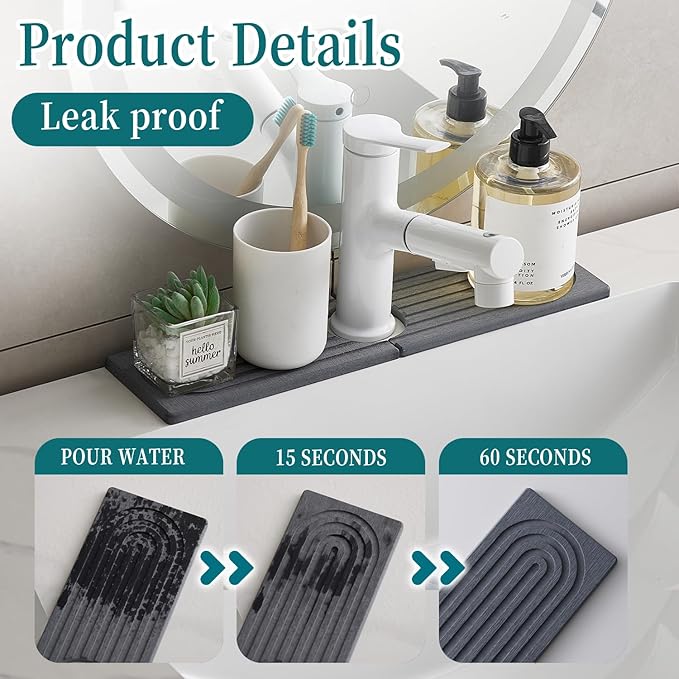 ODE TO ORDER Stone Faucet Mat for Kitchen Sink Bathroom Counter. 15.7 Inch Dark Grey Diatomite Water-Absorbing Drying Stone Mat, Sink Stone Tray Protector,Prevent Moisture Sink Splash Guard