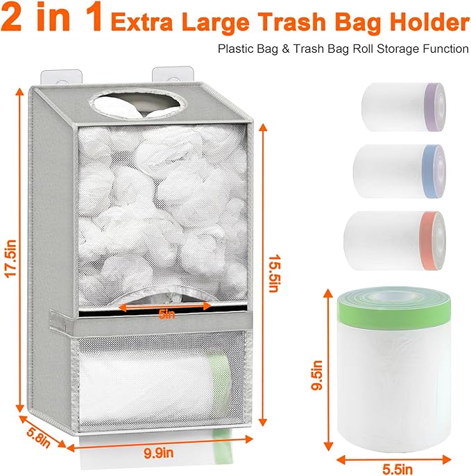 Wall Mount Plastic Bag Holder - Large Oxford Cloth Grocery Bag Holder, 2-in-1 Plastic Bags Organizer with Trash Roll Dispenser for Home Kitchen Closet Cabinets Sink, Gray
