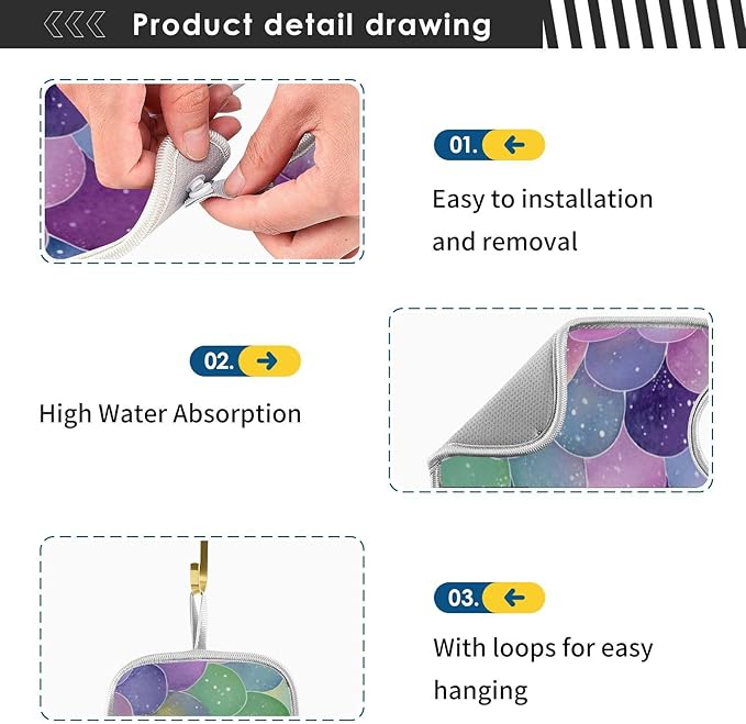 2 PCS Kitchen Sink Splash Guard 14.9 Inch Faucet Mat for Kitchen Sink Bathroom Sink Faucet Absorbing Drip Drain Mat Pad Microfiber Soft Washable Watercolor Mermaid Scales Starfish