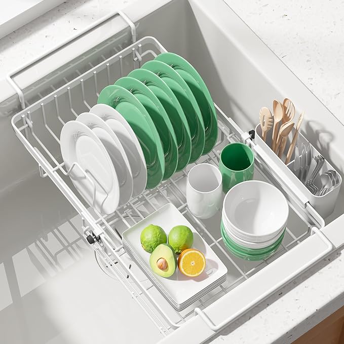 Kitsure Dish Drying Rack – Expandable in-Sink or Over-Sink Dish Rack for Kitchen Counter, Rust-Resistant Metal Dish Strainer with Cutlery Holder, 16.0"-20.7" L x 11.4" W x 5.7" H, White