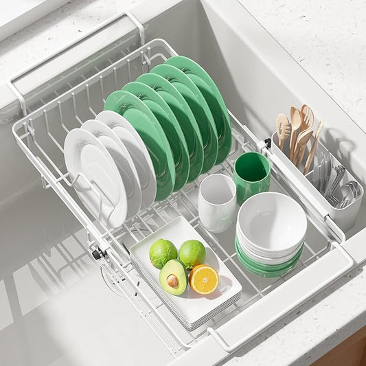 Kitsure Dish Drying Rack – Expandable in-Sink or Over-Sink Dish Rack for Kitchen Counter, Rust-Resistant Metal Dish Strainer with Cutlery Holder, 16.0"-20.7" L x 11.4" W x 5.7" H, White