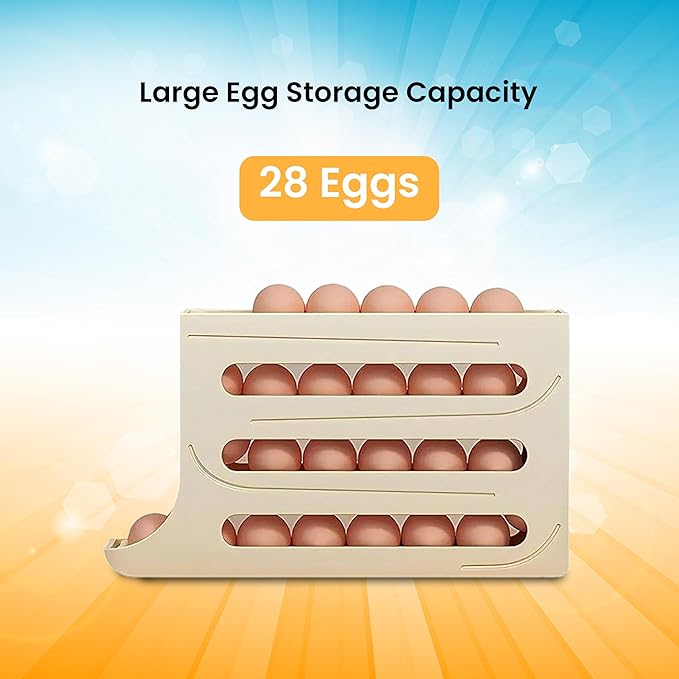 ZAYLAN Egg Holder for Fridge, Auto Rolling Egg Roller/Dispenser/Organizer/Storage Container, Space-Saving 4-Tier Egg Tray for 28 Eggs, Refrigerator, Kitchen & Countertop with Flower Egg Cutter (Cream)