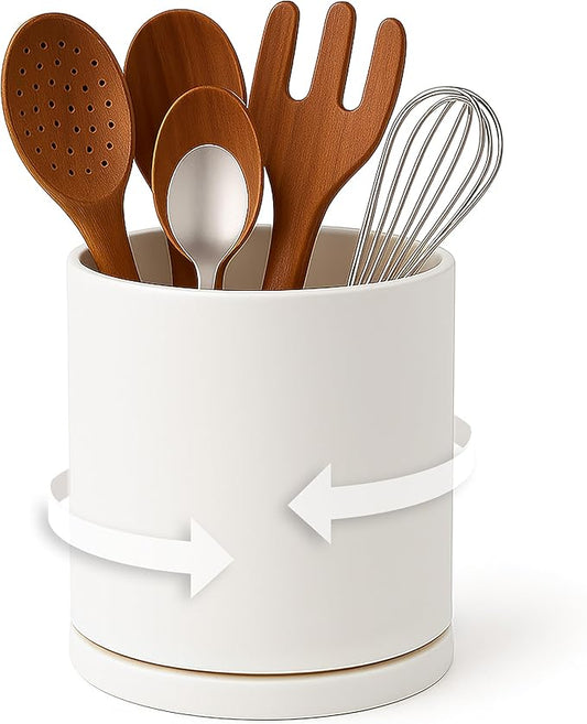 D'vine Dev 360° Rotating Utensil Holder – 5" Kitchen Utensil Crock for Countertop, Modern Cooking Tool Organizer for Kitchen Storage & Décor, Oatmeal, 72-X-D-1