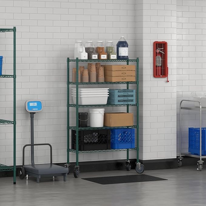 Commercial NSF Listed Green Epoxy Mobile Wire Shelving Kit 12" x 36" x 60", with 5 Shelves Perfect for Warehouse, Walk-in Refrigerator, Freezer, Grocery Store, Restaurant, Dishroom
