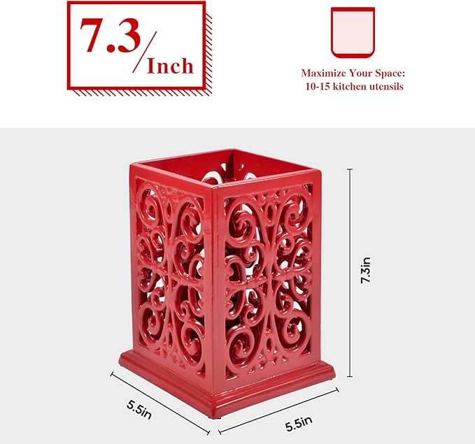 jogreful Utensil Holder, Cast Iron Kitchen Utensil Crock for Countertop, Extra Large Utensil Organizer with Weighted-Base, Housewarming Vintage Decor, Classic Style, Red