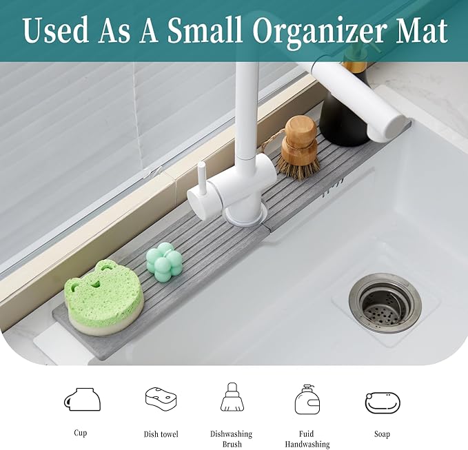 ODE TO ORDER Stone Faucet Mat for Kitchen Sink Bathroom Counter, 23.6 Inch Light Grey Diatomite Water-Absorbing Drying Stone Mat, Sink Stone Tray Protector,Prevent Moisture Sink Splash Guard