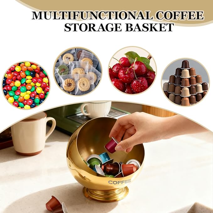 Coffee Pod Holder, Gold Metal Coffee Pod Storage, Capsule Container Bowl, Coffee Pod Organizer for Kitchen Counter and Office Desktop (Gold)