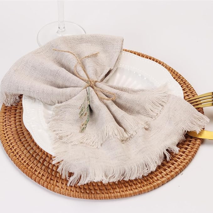Handmade Cloth Napkins with Fringe,18 x 18 Inches Cotton Linen Napkins Set of 4 Versatile Handmade Square Rustic Fringe Napkins for Dinner, Wedding and Parties, Natural Linen