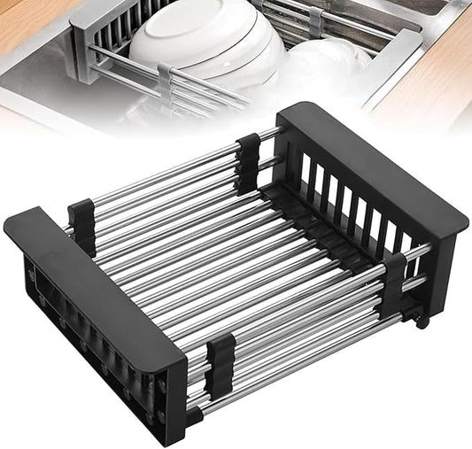 Extend Kitchen Sink Drain Basket,Stainless Steel Retractable Sink Rack,Over Sink Dish Rack,Portable Telescopic Kitchen Sinks Accessories,Extender Basket for Vegetables Fruits and Dishes(Black,Small)